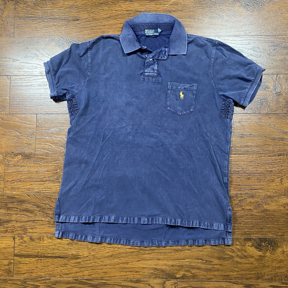 Vintage 2001 Polo Ralph Lauren Garment Dyed Utility Polo Shirt Blue Grommets